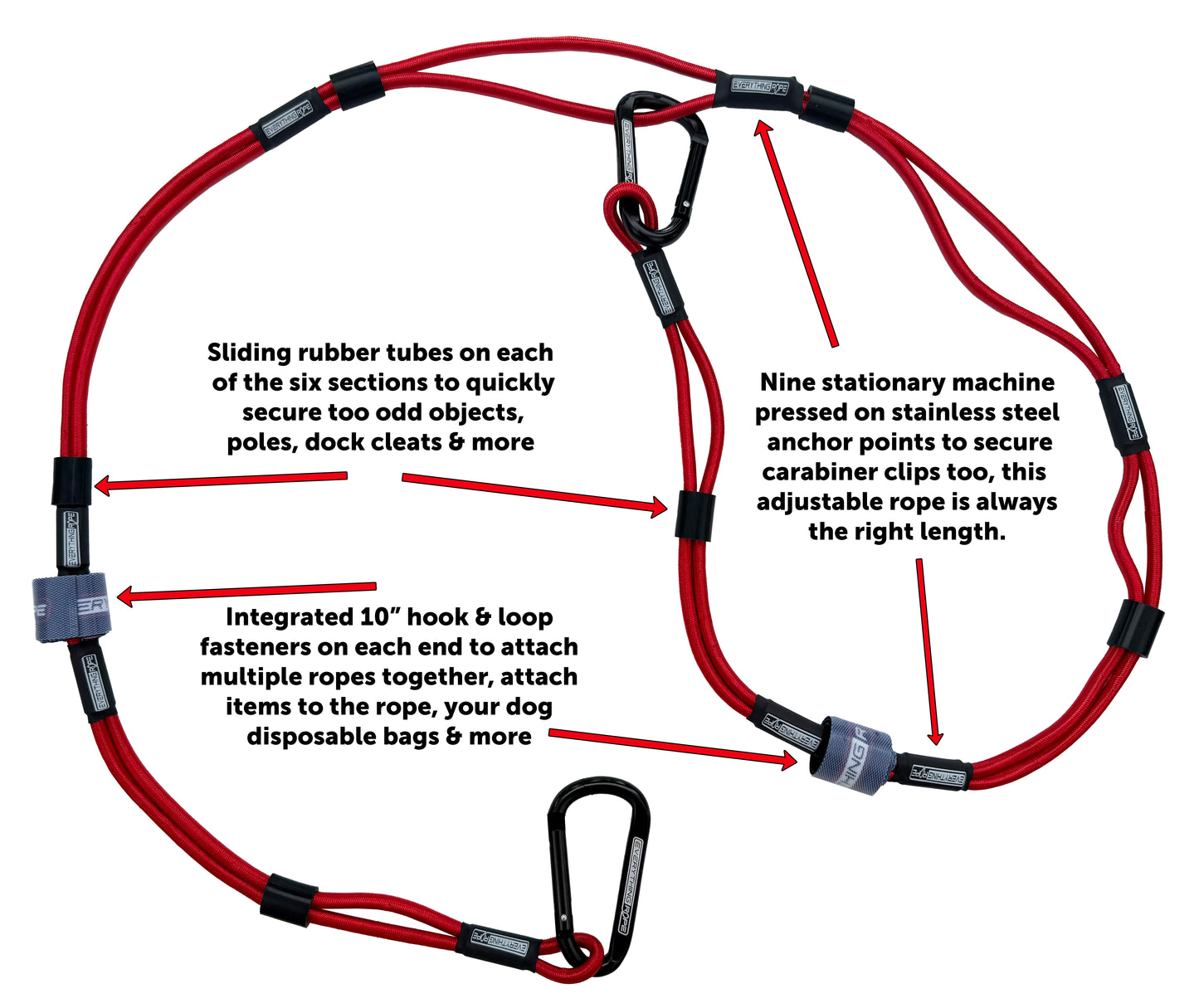 (Red) Everything Rope Multi Use Bungee Cord, These 5' Adjustable Bungee Cords are the last tie down you will ever need. Always the perfect length.