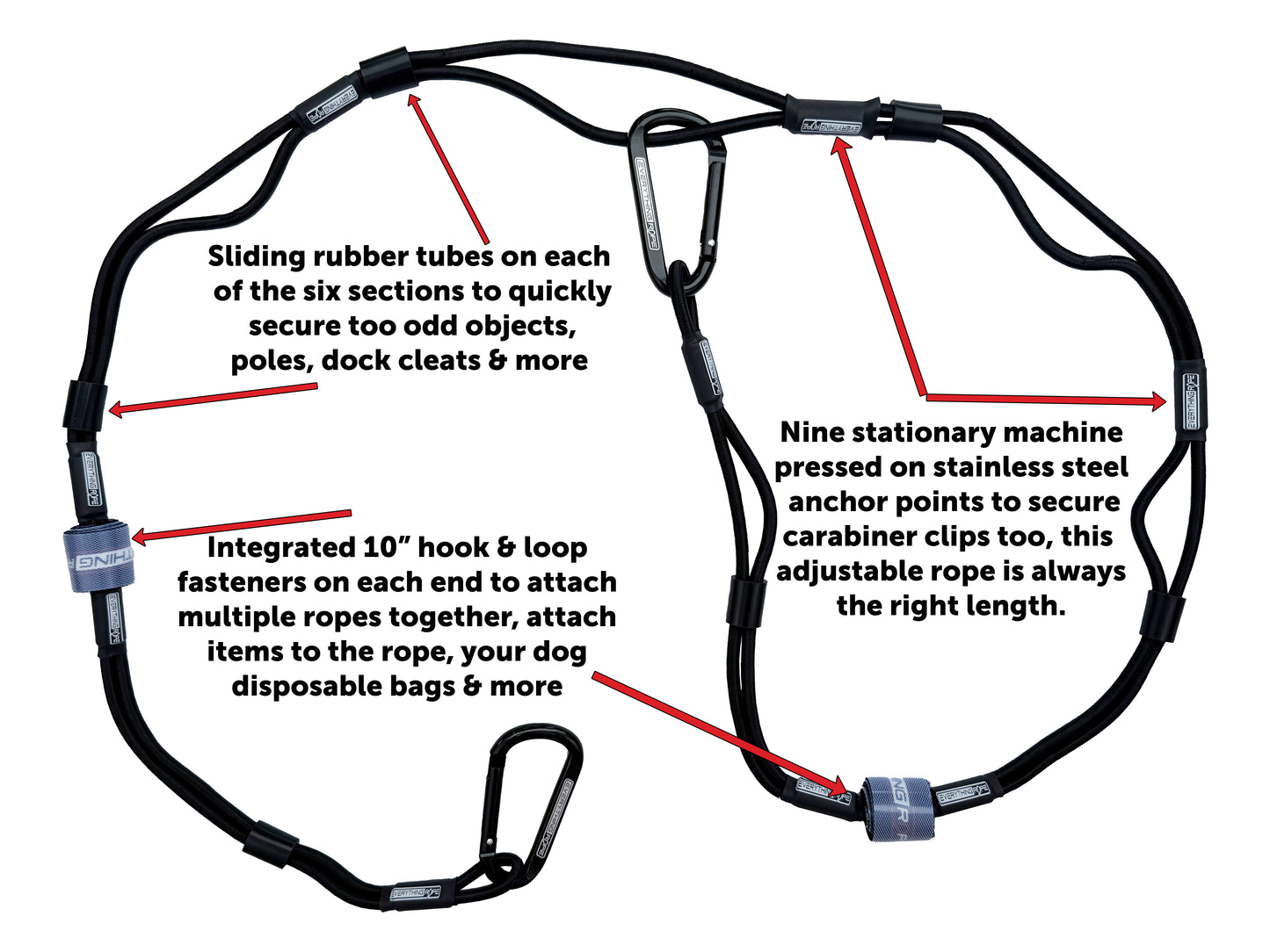 (Black) Everything Rope Multi Use Bungee Cord, These 5' Adjustable Bungee Cords are the last tie down you will ever need. Always the perfect length.